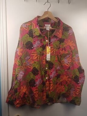 C&C CaliforniaTropical Floral Button-Down Blouse in Pink, Orange & Green Nwt 3X